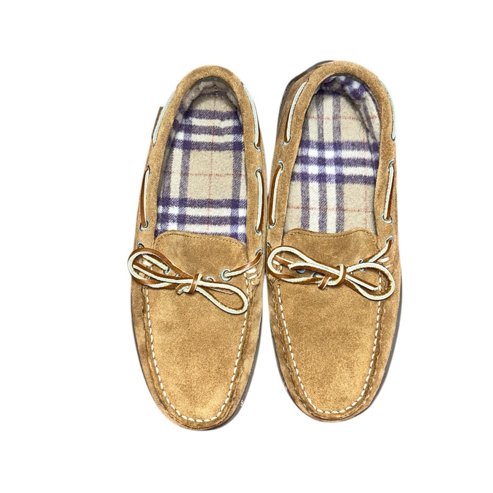 LL Bean Women’s Moccasin Slipper Shoes Size 9 Tan Suede Flannel Lined Comfort